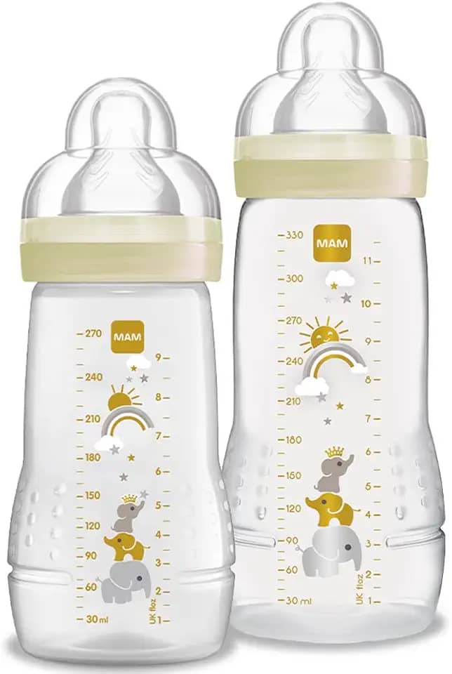 MAM Baby Kit 2 Mamadeiras Easy Active Set, 270ml e 330ml Com Formato Ergonômico e Fácil de Segurar para Crianças 4+ Meses com Bico de Silicone Skinsoft, Neutra