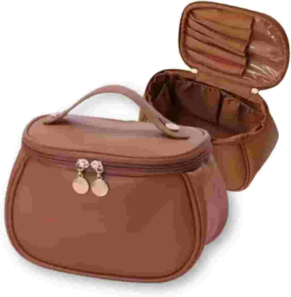 Necessaire de Maquiagem e Cosméticos para Viagem - Organizador Compacto com Divisórias - Bolsa de Couro Sintético Feminina - Estojo de Beleza Portátil - Organizador de Maquiagem - UpShop (Marrom)