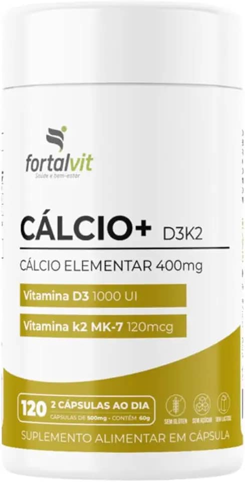CÁLCIO + D3 K2 MK7-120 Cápsulas, Longa duração: 2 Meses de Uso - Cálcio Elementar (400mg) Vitamina D3, Vitamina K2-MK7, Fortalvit
