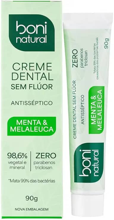 Creme Dental com óleos naturais de Menta e Melaleuca Vegano e Natural, Sem Flúor, Sem Triclosan, Boni Natural, Branco