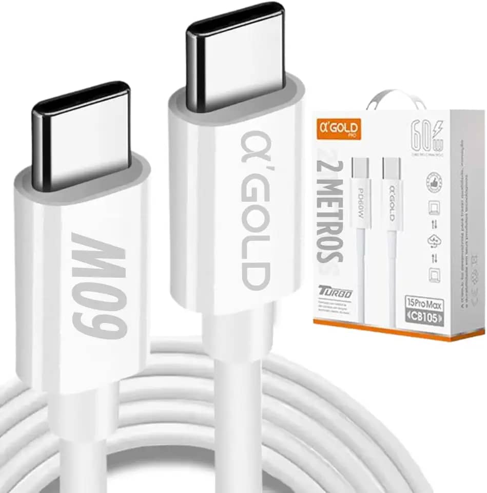 Cabo USB-C 2 Metros 60W (Tipo C) Compatível com Carregador iPhone IOS Android Motorola Samsung Turbo Certificado Premium Reforçado Celular Iphone 15/15 Pro/15 Pro Max/16/16 Pro/16 Pro Max Fast Charge