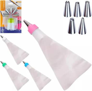 Jogo de Confeiteiro com 6 Bicos Diferentes + Saco de Silicone e Adaptador Matriz