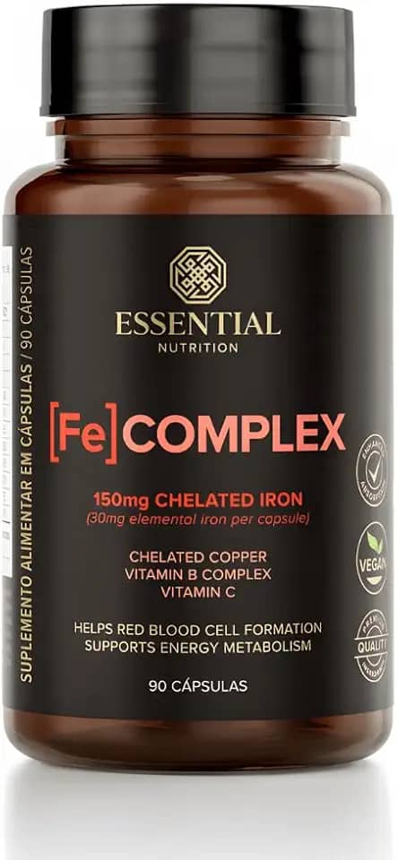 Fe Complex Ferro Quelado + Vitamina C Essential Nutrition – Suplemento de Ferro para Imunidade, Energia e Absorção Eficiente – 90 Cápsulas