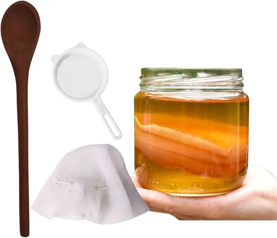 Scoby Kombucha Original Fermentação Caseira + Colher de Pau + Tampa Voal + Peneira