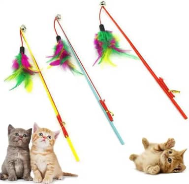 Varinha para Gatos com Penas Coloridas e Sino, Brinquedo Interativo, 30 cm