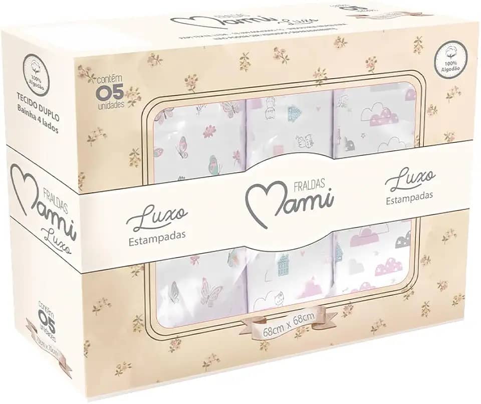 Papi Textil Fralda Luxo Mami c/Bainha Estampada 68x68cm Caixa Contém 05 Un
