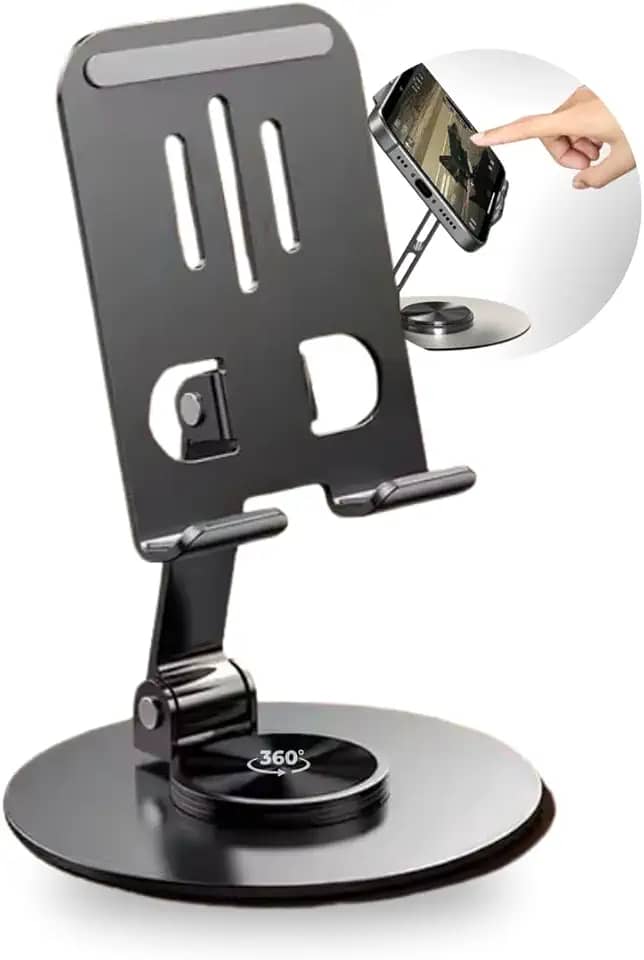Suporte de Celular de Mesa em Alumínio com Base Rotativa 360° Ajustável e Dobrável Compatível com iPhone, iPad, Android, Smartphones e Tablets, Estável e Antiderrapante – Metal Premium