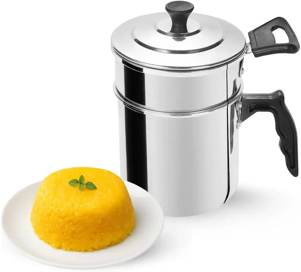 Cuscuzeira Individual de Alumínio Polido, Panela com Tampa 15cm Altura, 10cm Diâmetro, Alças Baquelite, para Cuscuz e Legumes no Vapor, Fundo Reto