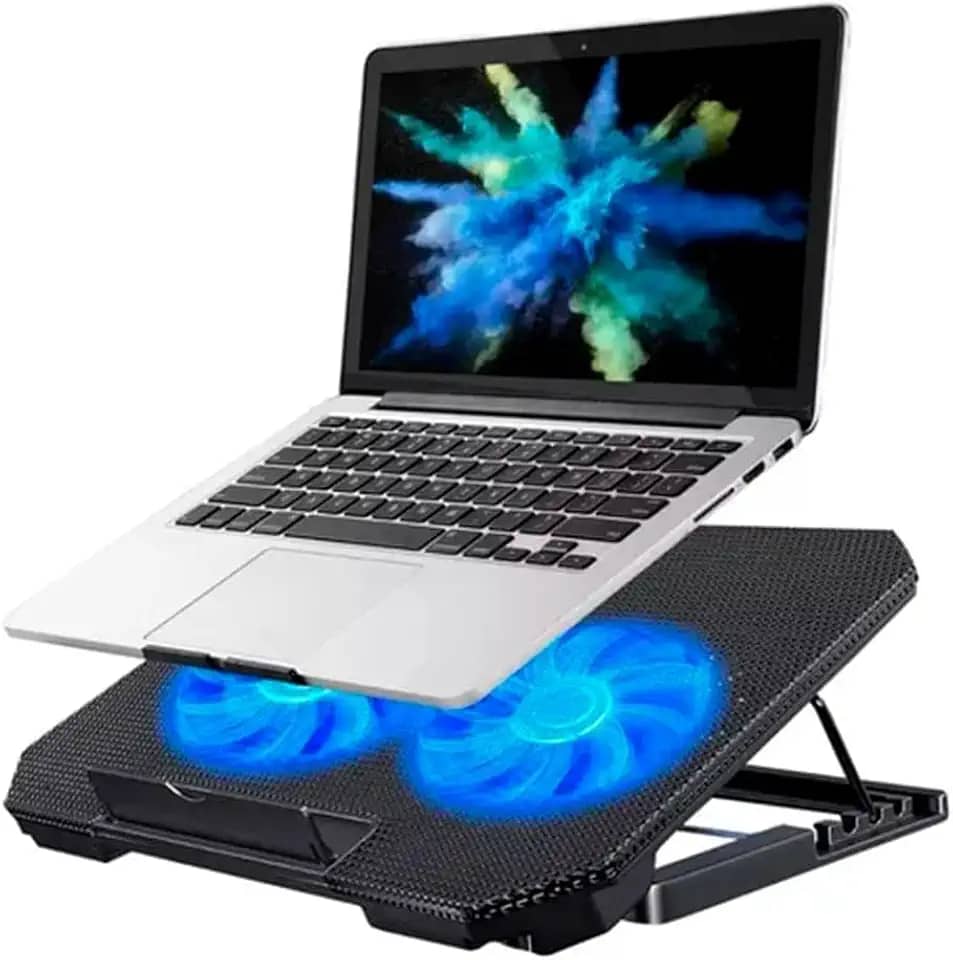 Base Suporte para Notebook até 17" com Cooler Duplo Ultra Silencioso, LED Azul, 8 Níveis de Altura, USB Extra – Refrigeração Potente e Conforto Ergonômico