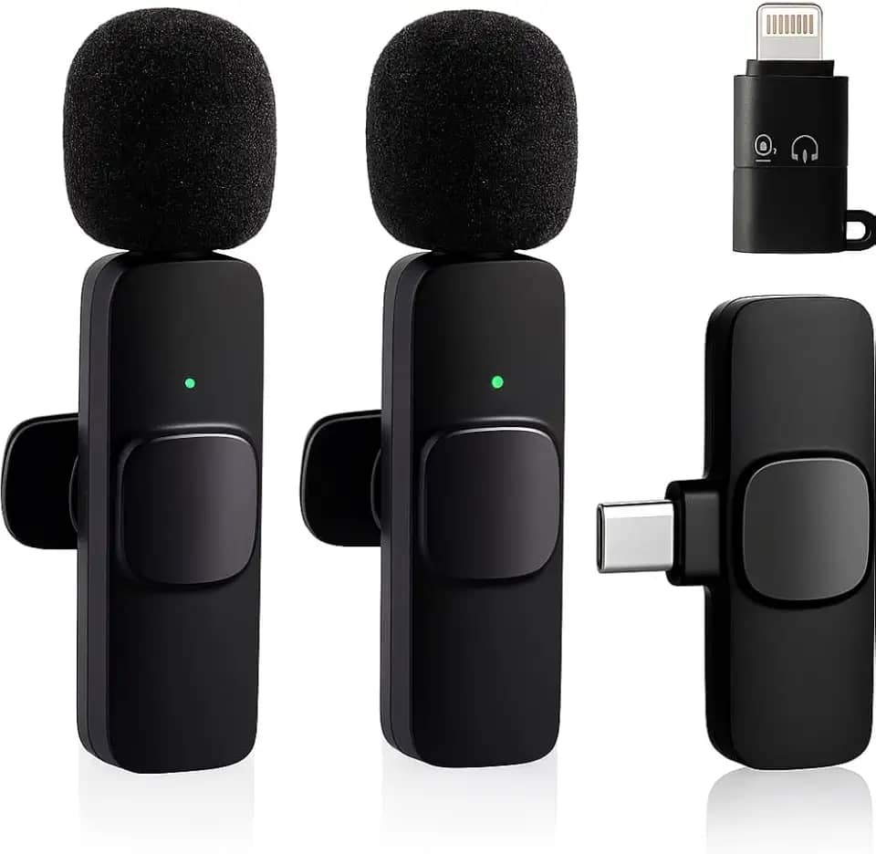 Kit Microfone de Lapela Sem Fio Bluetooth, 2 Unidades, Preto, Plástico ABS, Omnidirecional, Compatível com Android, Câmera e PC, Bateria Recarregável, para Gravação de Vídeo - Premium