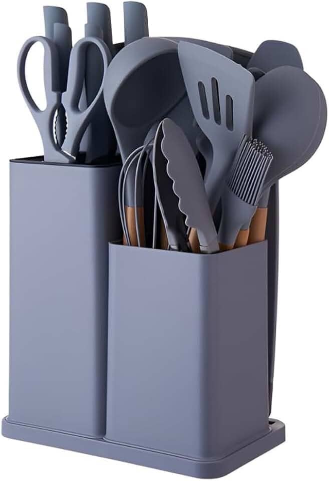 Conjunto de Utensílios de Cozinha 19 Peças em Silicone com Cabo de Madeira, Livre de BPA, Antiaderente e Resistente ao Calor (Cinza)