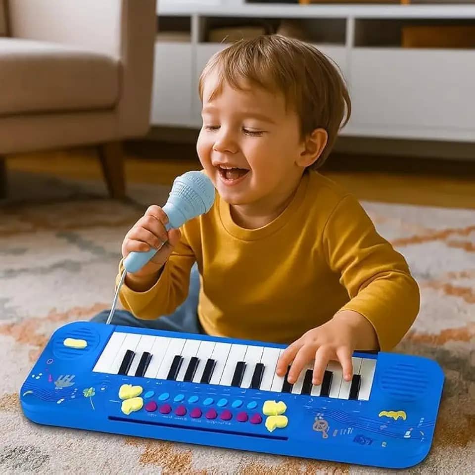 Teclado Infantil Eletrônico com Microfone, 25 Teclas, 4 Ritmos, Função Gravação e Replay, Azul, Plástico ABS, 36,5x12x3,5cm, Acima de 3 Anos