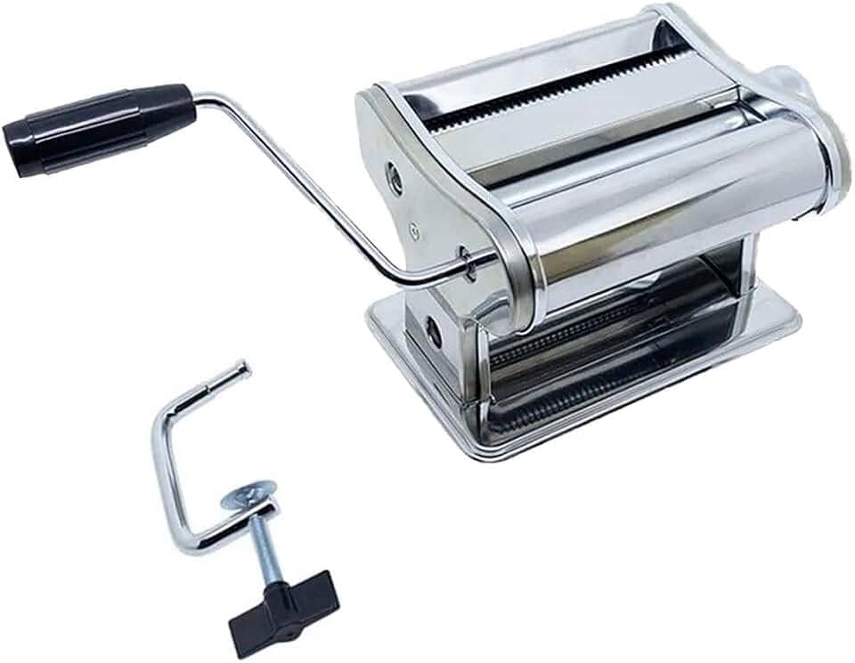 Máquina de Macarrão Manual com Cilindro de Aço Inox, para Massa Caseira e Espaguete, com Manivela e Fixador de Mesa