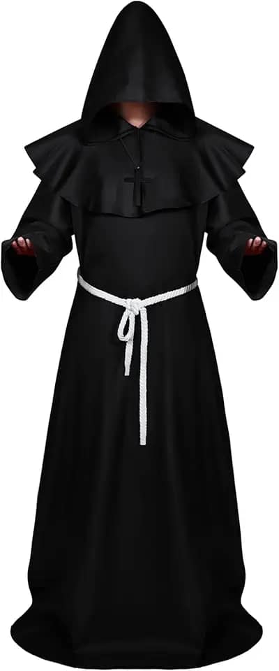 Fantasia de monge de Halloween com capuz de frei medieval monge roupão de padre renascentista adulto fantasia de feiticeiro
