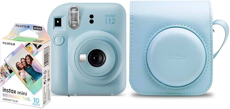 Kit Câmera Instax Mini 12 com pack 10 fotos Mermaid Tail e Bolsa Azul