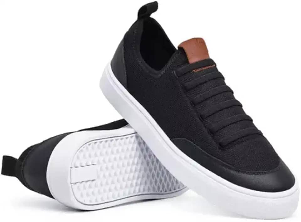 Tênis Casual Elástico Cano Baixo Sapatênis Masculino Preto Cadarço Calce Fácil Confortável