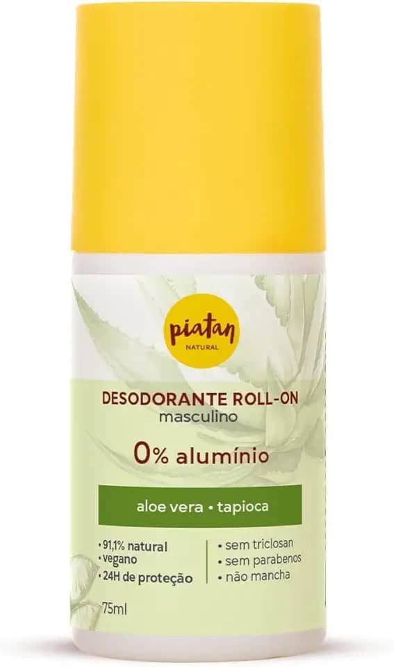 Desodorante Roll On Masculino Aloe Vera Vegano e Sem Aluminio 75ml Piatan Natural