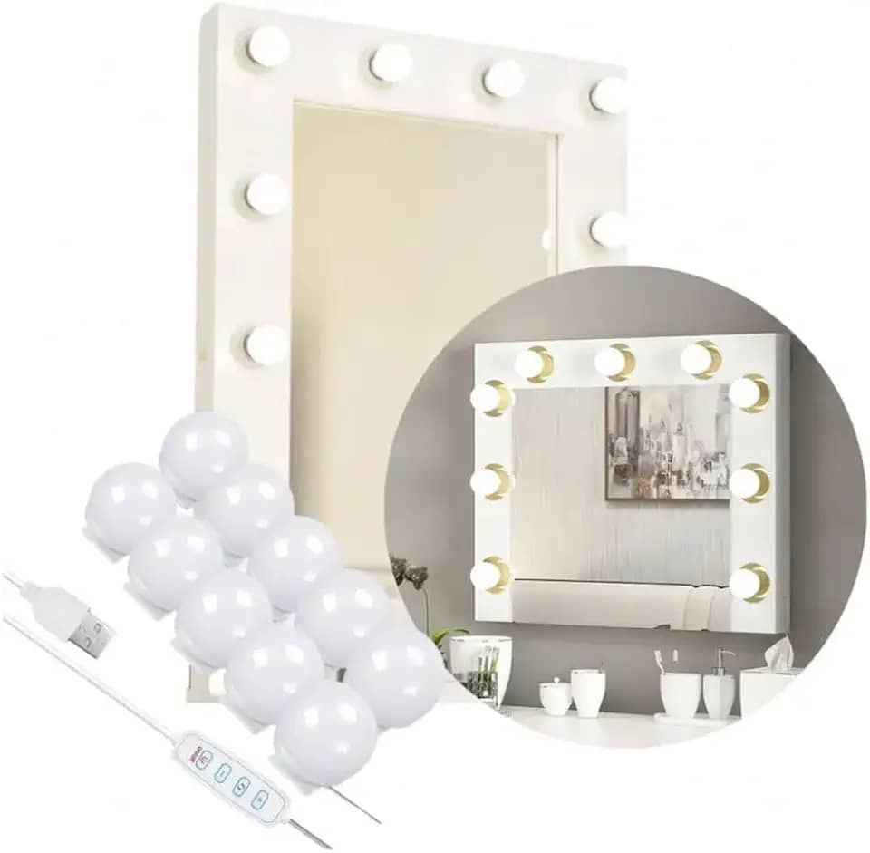 Kit Luz de Camarim LED 10 Lâmpadas com 3 Tonalidades, Iluminação Ajustável para Espelho e Penteadeira