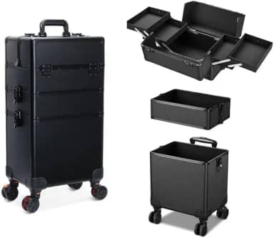 Maleta Mala de Maquiagem Profissional Com Divisórias e Rodinha 360 Graus 3 Andar Preta MS814 914P