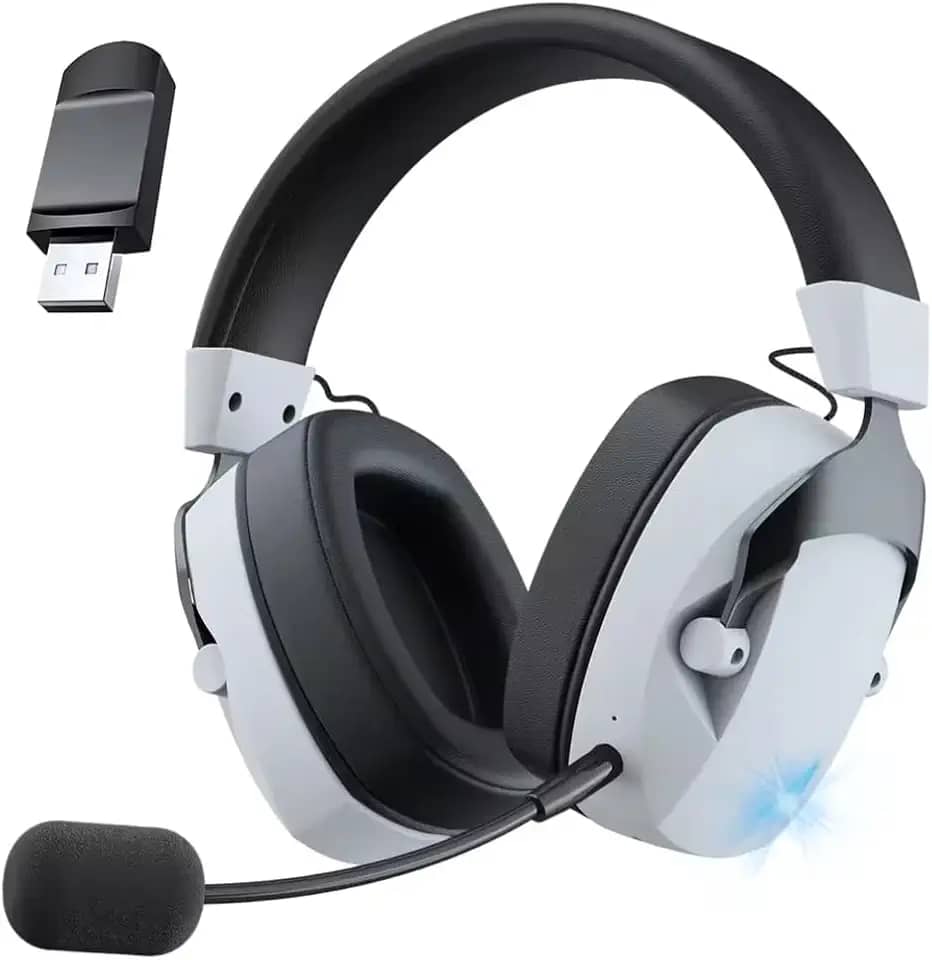 Headset Gamer, GIZNIC BL100 PRO Fone Gamer, Fone de Ouvido Sem Fio Para Jogos, Conexão USB e Bluetooth, Microfone Destacável, Design Leve e Confortável - Preto e Branco