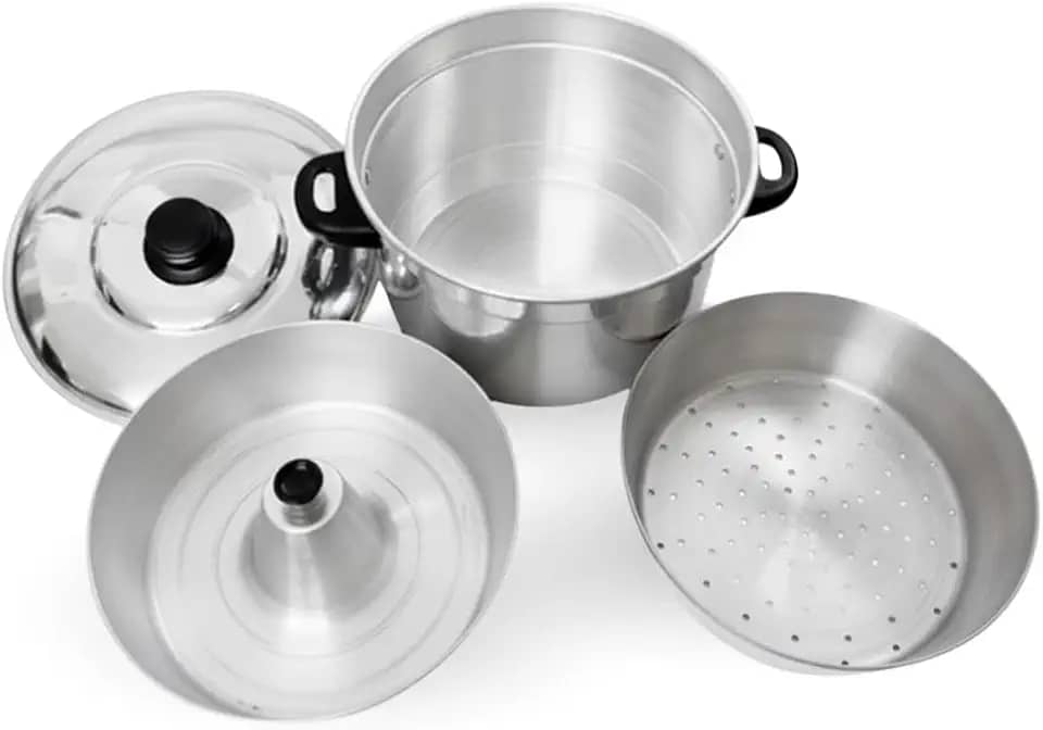 Panela Multifuncional 3 em 1, Alumínio Polido, 2,5L, Conjunto com Forma para Banho-Maria, Cesto Vapor e Panela Principal, Ideal para Pudins, Legumes e Receitas do Dia a Dia