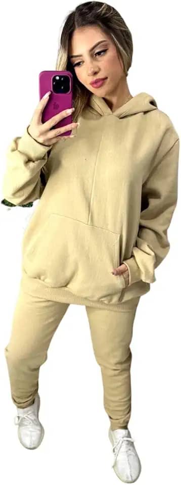 Conjunto Feminino Calça De Moletom + Blusa Canguru Com Capuz De Frio Moda E Estilo Fitness Dia A Dia