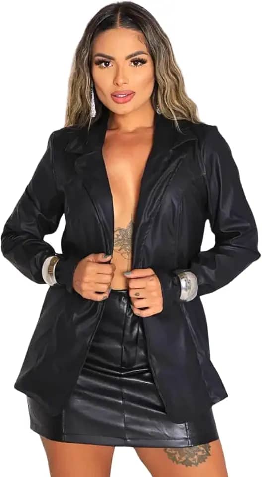 Blazer Feminino Casual Couro Ecológico Moda Premium - FBA