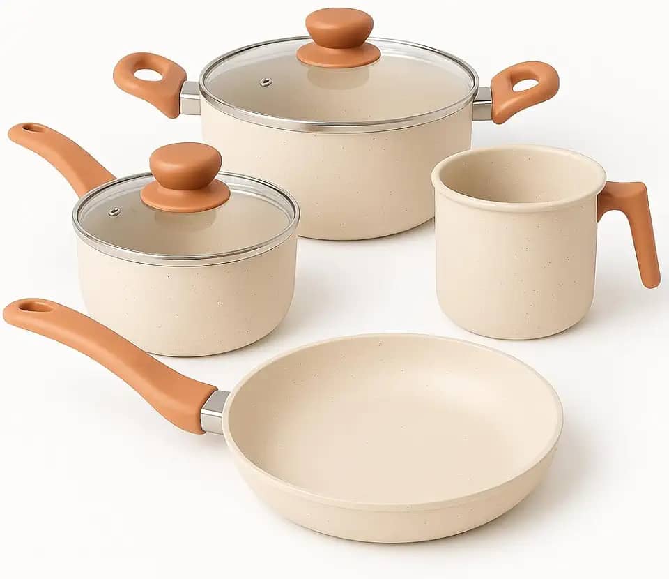 Jogo de Panelas Antiaderentes Kit 4 Peças – Revestimento Cerâmico Premium, Tampas de Vidro Temperado, Cabos Soft-Touch, Cozimento Uniforme e Fácil Limpeza