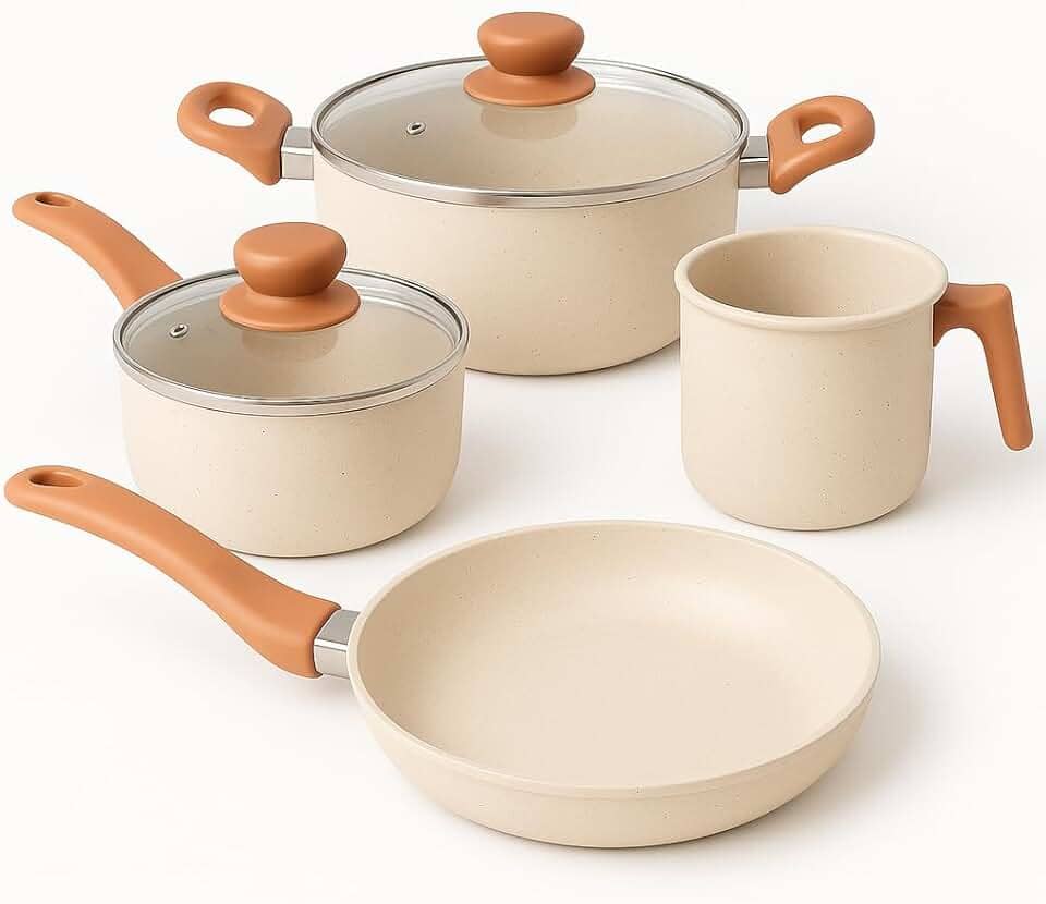 Jogo de Panelas Antiaderentes Kit 4 Peças – Revestimento Cerâmico Premium, Tampas de Vidro Temperado, Cabos Soft-Touch, Cozimento Uniforme e Fácil Limpeza