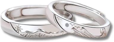 Par de Alianças Banhadas a Prata 'Amor Duradouro' em Cobre Unissex Ajustáveis Mares e Montanhas – Acompanha Bolsa de Veludo