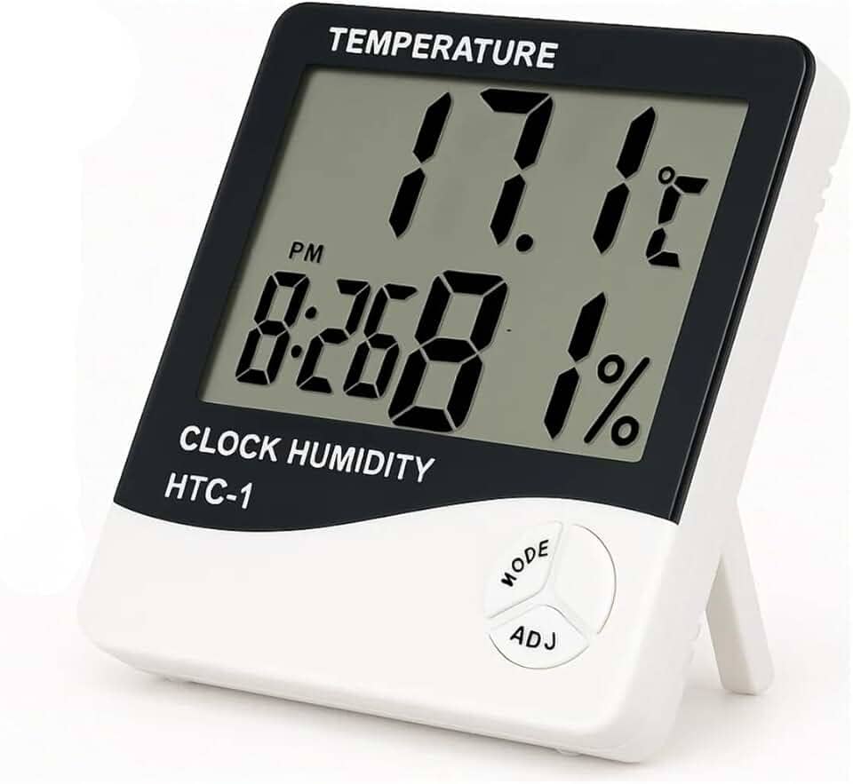 Higrômetro e Termômetro Digital com Relógio, Alarme e Visor LCD – Temperatura e Umidade Interna