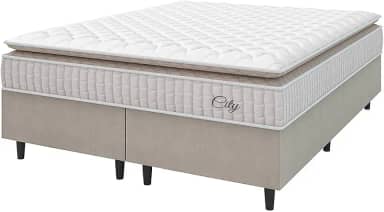 Cama Box Colchão Casal Queen Molas Ensacadas City Pillow Top 158x198x61cm Branco/Bege Hellen - Suporta até 110kg por Pessoa