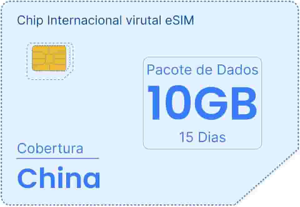 Chip Internacional Virtual eSIM para Dados na China, Pacote de 10 GB por 15 Dias