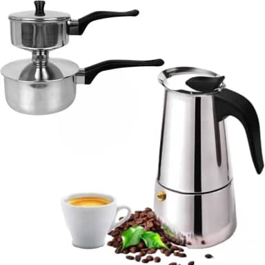 Kit Panela Cuscuzeira Inox Pequena individual e Cafeteira Italiana Expresso 6 xícaras para Fogão Indução, à Gás, Fogão Elétrico