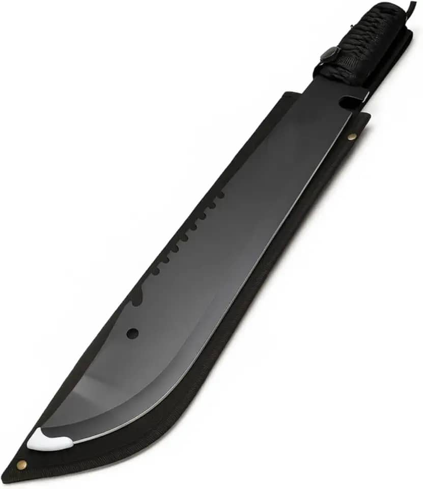 Lucena Facão Full Teng Militar Tático, Lâmina Preta 36cm em Aço Inox, Cabo 14cm, para Camping, Pesca, Trilhas, Caça, com Bainha em Poliéster