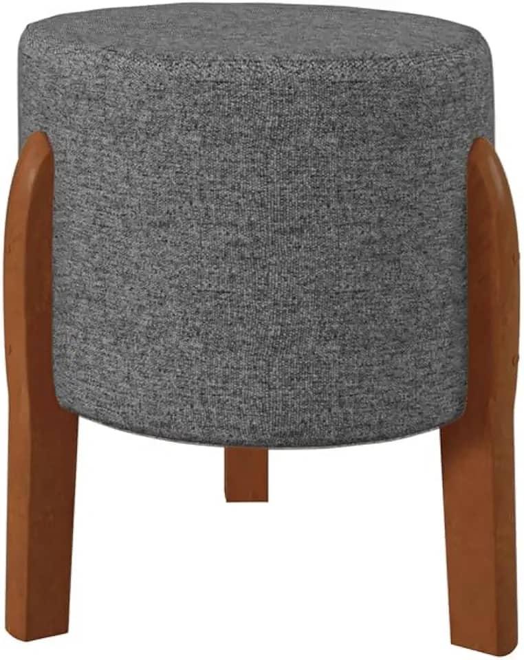 Kit 2 Puff Banquinho Redondo Decorativo Thor em Linho Pés Madeira Maciça Cor Cinza