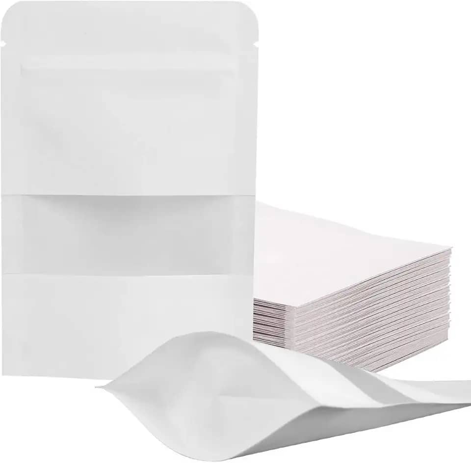 Saco de Papel Stand Up Pouch Kraft Branco C/Plástico Hermético Impermeável C/Visor (Pacote com 50 Unidades) (9x14cm)