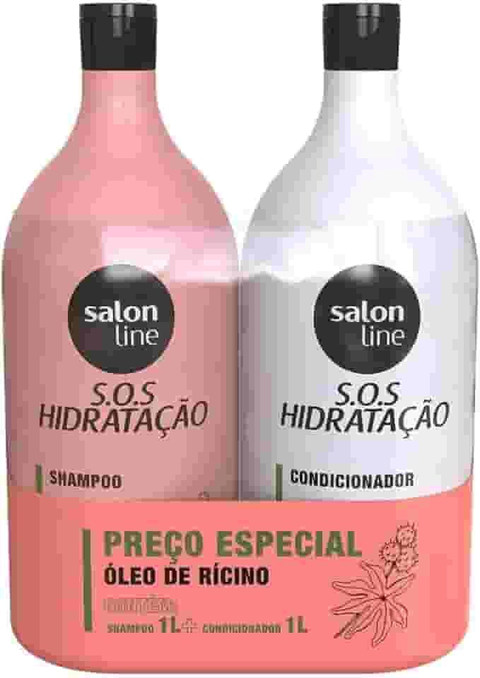 Salon Line, Kit Shampoo e Condicionador, SOS Hidratação, Óleo de Rícino, Vegano - Cabelos Lisos, Ondulados, Cacheados e Crespos, 1 L cada