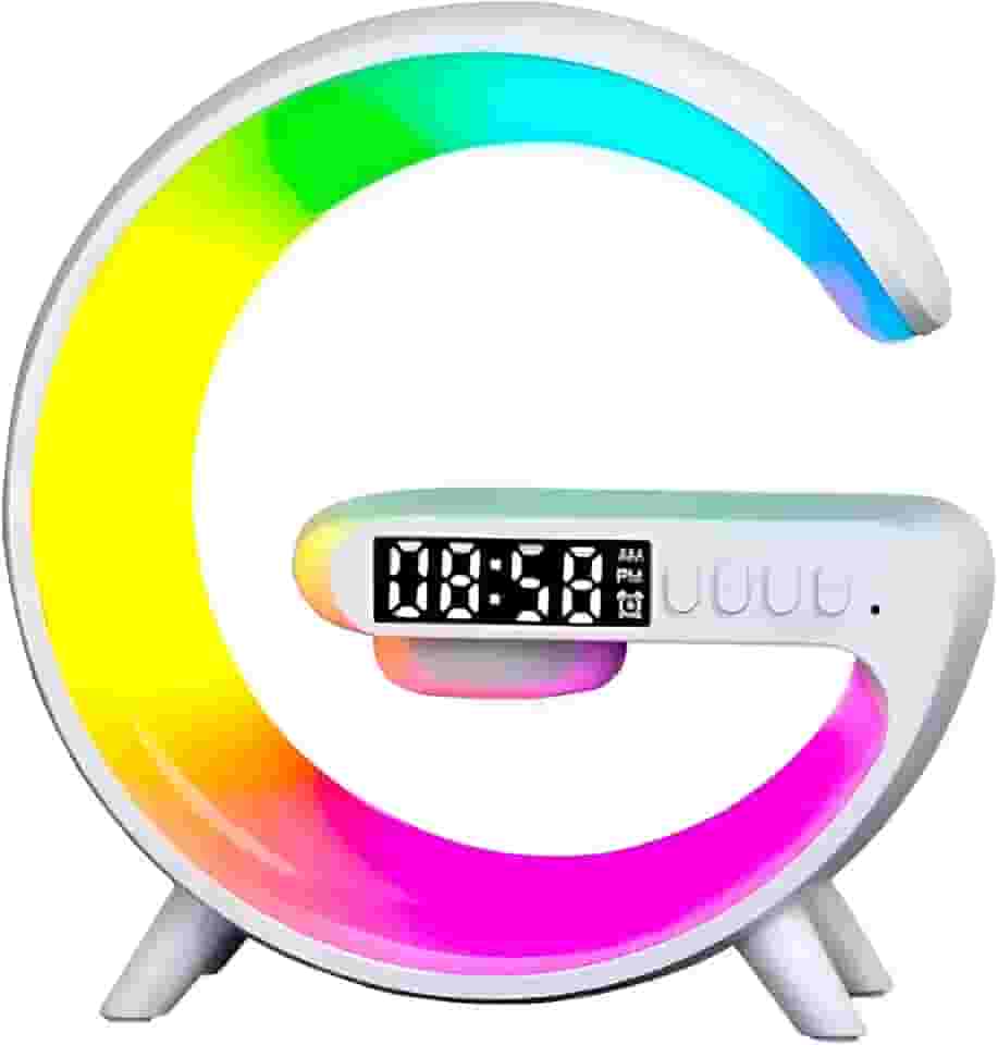 Luminária RGB Inteligente com Som Bluetooth, Relógio Despertador e Carregador Sem Fio – Caixa de Som Speaker G Branca para Quarto e Escritório