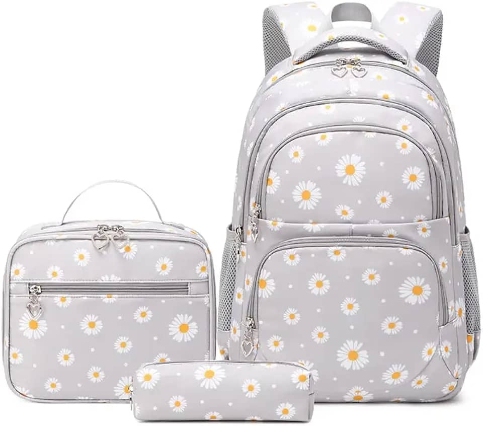 Conjunto de Mochila Escolar Feminina com Estampa de Margarida - 3 Peças com Bolsa de Almoço e Estojo de Lápis