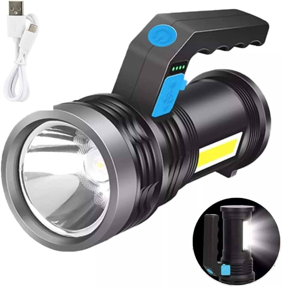 Lanterna LED Holofote Longo Alcance Recarregavel Super Potente Farolete USB com COB Resistente à Água para Pesca Sitio Fazenda Segurança Vigia Acampamento