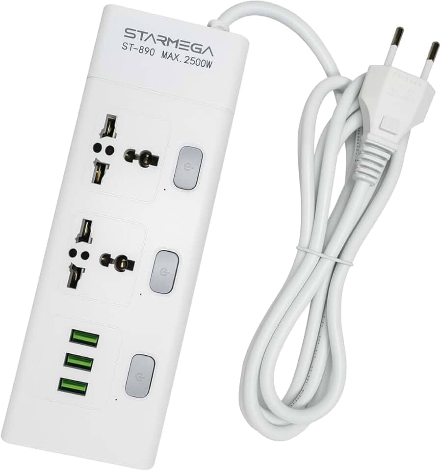 Extensão Tomada, Régua Tomada, Régua de Energia, 2 tomadas universais, 3 Interfaces USB, Cabo de Alimentação de 1 metro, Suporte a Tensão de 110-220V, Potência de 2500W, Branca