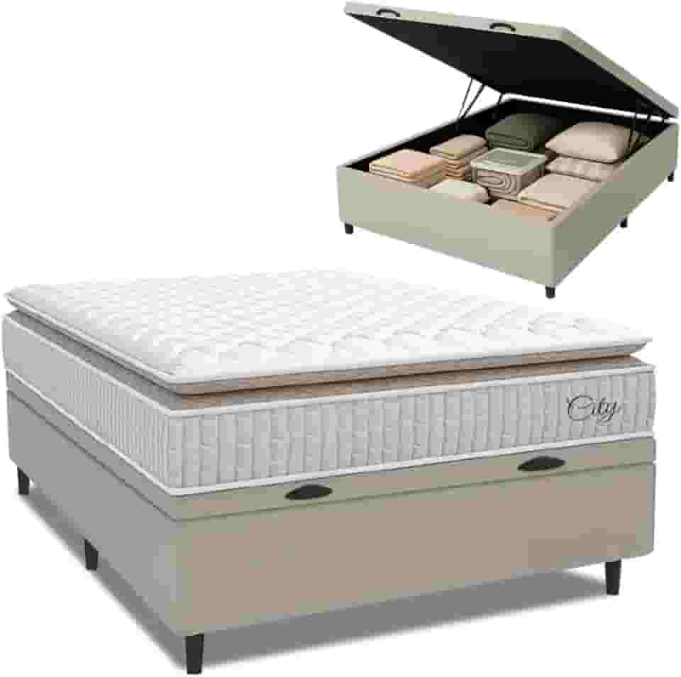 Cama Box Baú Colchão Casal Molas Ensacadas City Pillow Top 138x188x64cm Branco/Bege Hellen - Suporta até 110kg por Pessoa