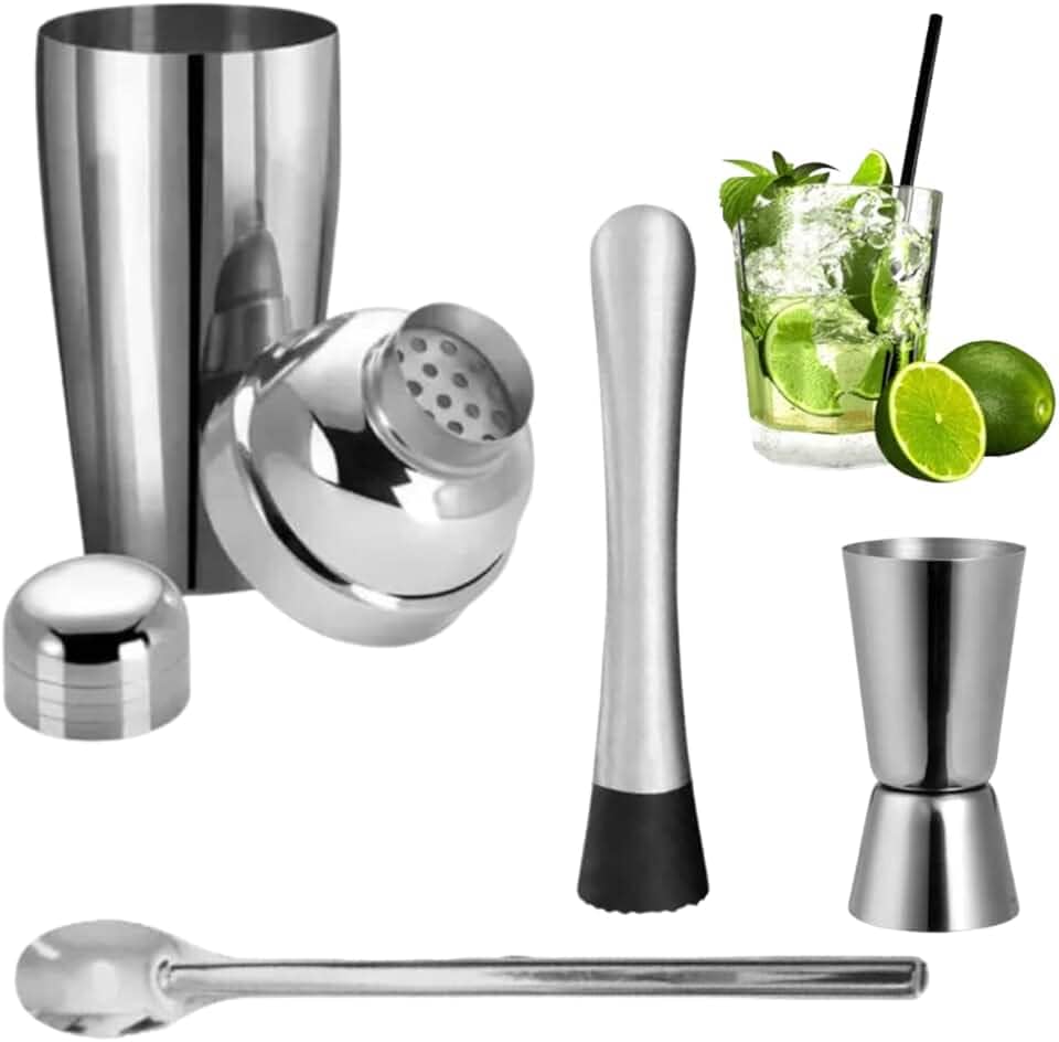 Kit Inox Caipirinha Drinks Coqueteleira Dosador Socador e Colher Inox