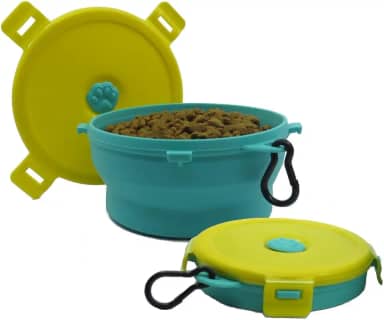 Pote de Viagem e passeio para Pets/Bicho de estimação Comedouro e Bebedouro Redondo com tampa/Tamanho: 550 ml/Cor: Verde água com tampa amarela