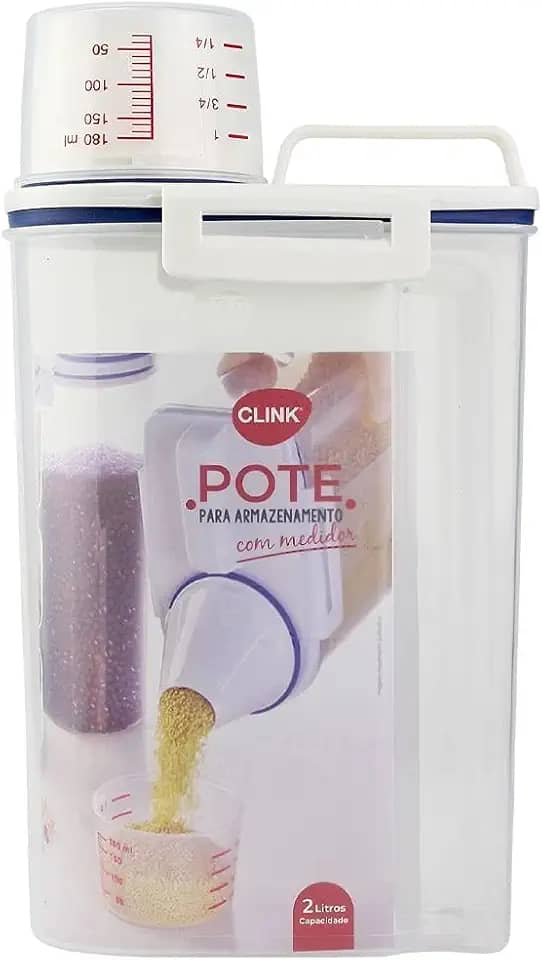 Jheppbay Pote Hermético para Armazenamento com Bico e Copo Medidor 2L - Transparente com Detalhes em Branco e Azul Escuro - 29cm Altura/15cm Largura/10cm Profundidade