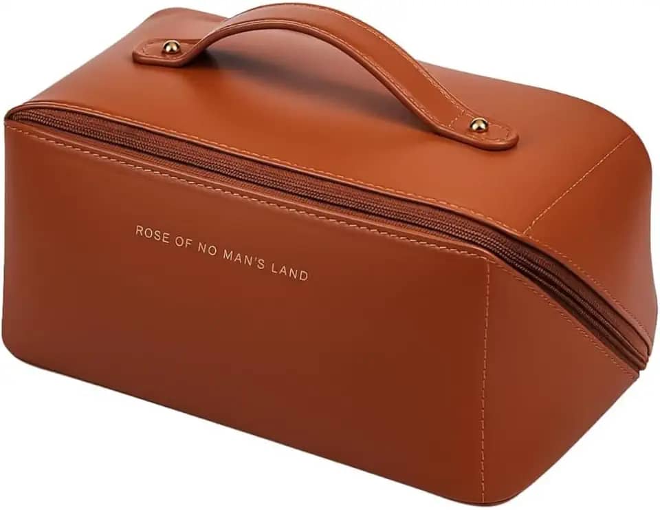 Necessaire Feminina Maquiagem Grande Cosméticos Viagem Estojo Bolsa Organizadora Higiene Pessoal Couro Sintético Luxo Elegância Batom Shampoo Maquiagens Cremes (Marrom)