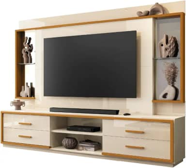 Estante Home Theater com Espelho e Vidro Para TV Até 75 Polegadas 2,40m Leni Off White/Madeirado EDN