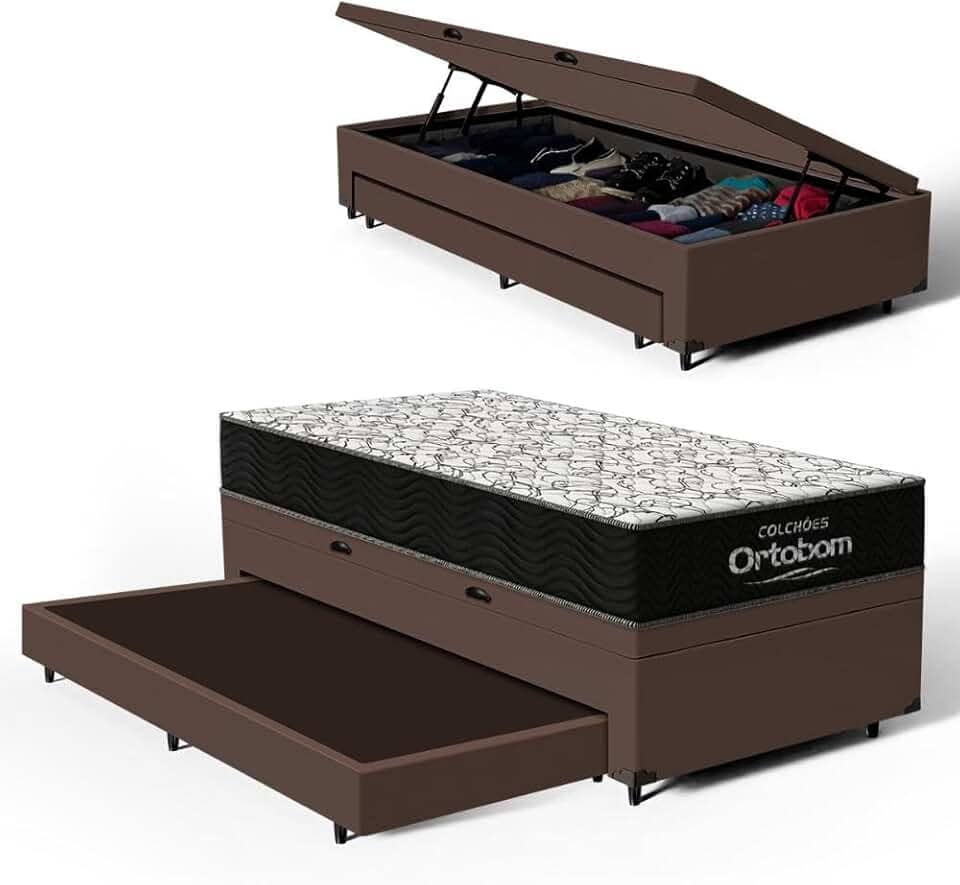 Bicama com Box Baú Solteiro com Colchão de Espuma D45 Ortobom Airtech 150 + Auxiliar Unique 88cm (Marrom)