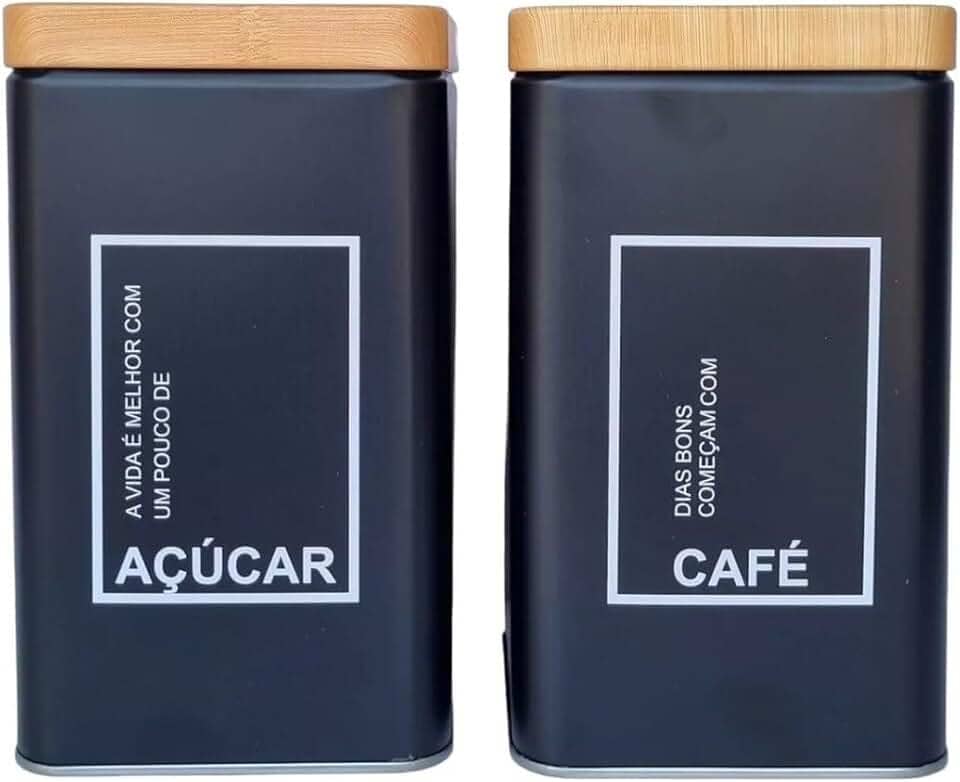 Kit 2 Potes Café e Açúcar Conjunto Lata Alumínio Tampa Imita Madeira Porta Mantimentos - SHACK